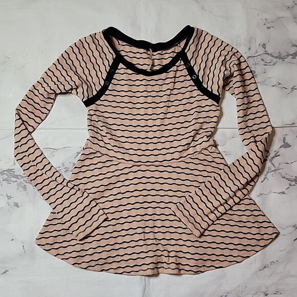 Free People Wavy Pointelle Tan/Black Peplum Top - Picture 1 of 5